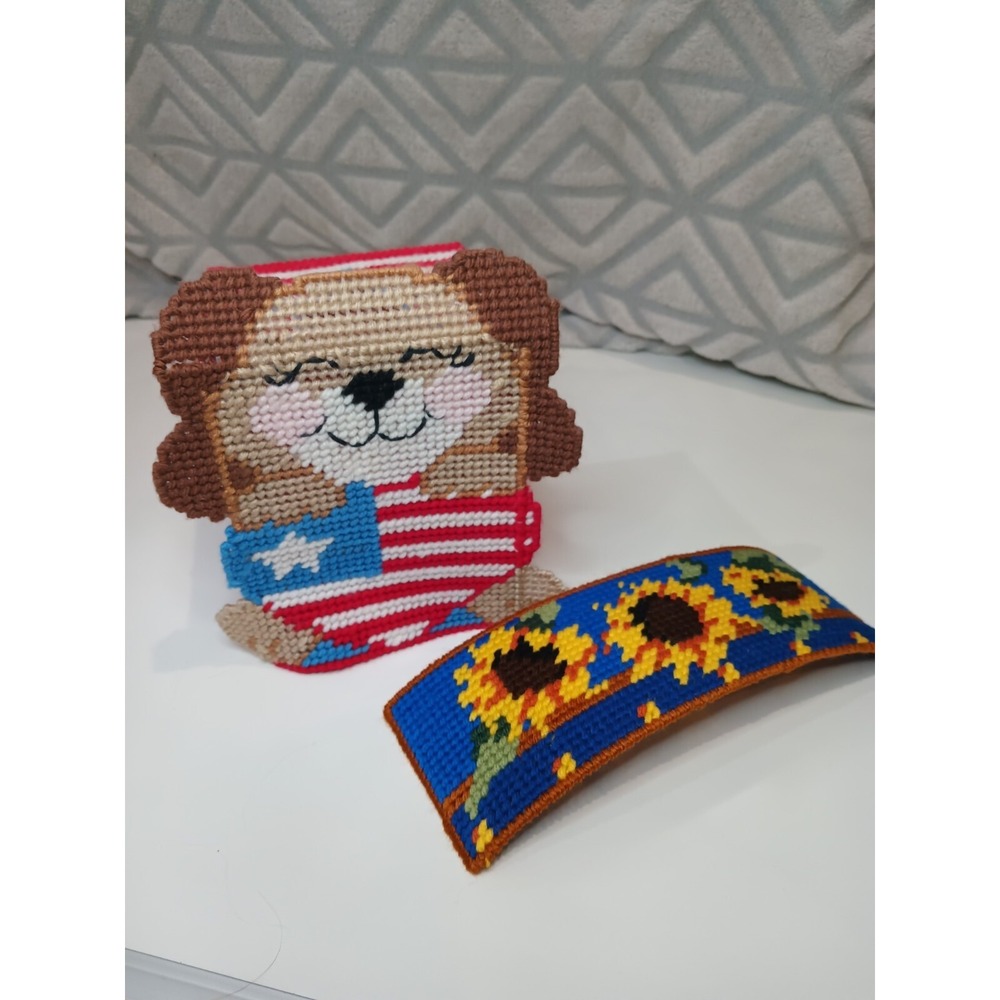 Handmade Needlepoint Plastic Canvas Tissue Box Cover - Patriotic Dog & Sunflower